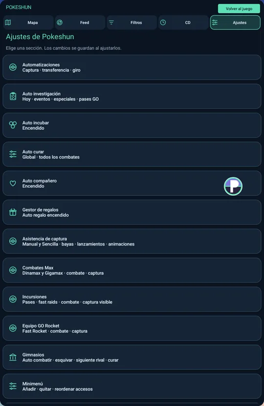 Panel de ajustes de Pokeshun con Auto investigación, Auto incubar, Auto curar, Auto compañero y Gestor de regalos