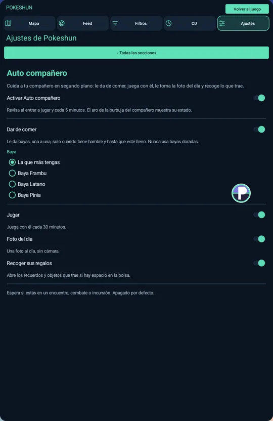 Panel de Auto compañero con opciones de comida, juego, foto y regalos
