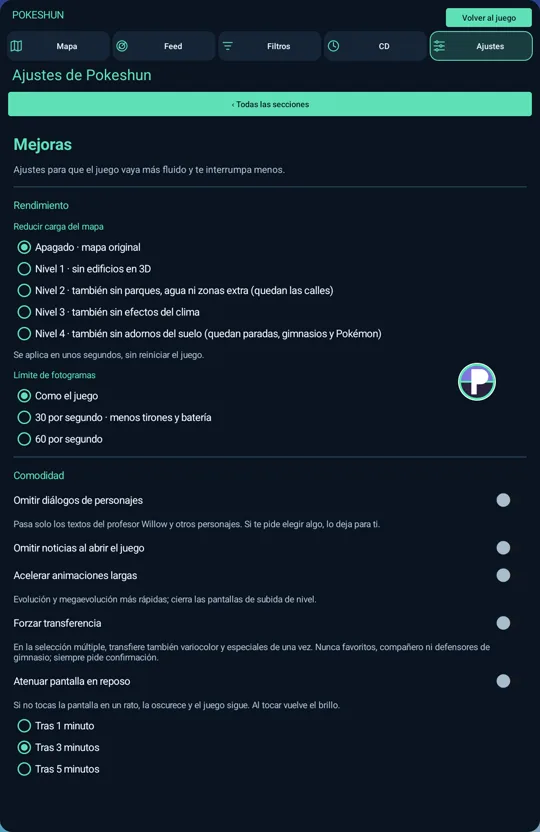 Panel de Mejoras con niveles de carga del mapa y opciones de comodidad